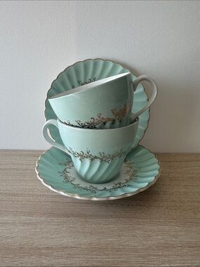 Vintage Mint Green Teal Teacup & Saucer Set of 2 Gold Trim Cottagecore Old Foley